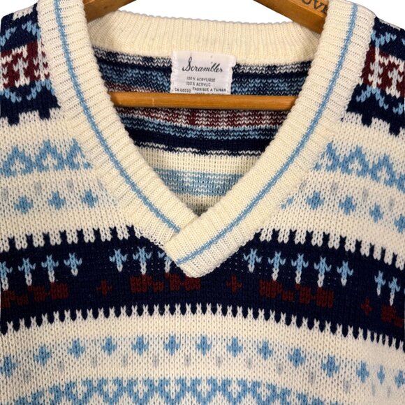Vintage 80s Fair Isle Knit Sweater Cabincore V Neck Pullover Cozy Retro Knitwear - Picture 6 of 9